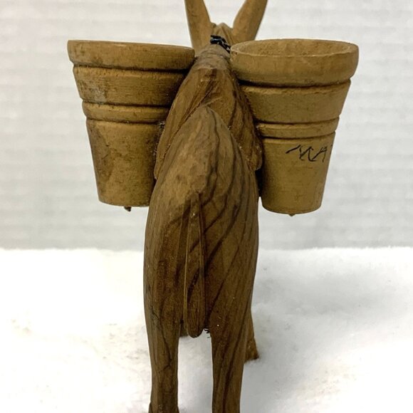 Hand Carved Wooden Mule Donkey Water Barrels Chain Rein Miniature Brown - Picture 3 of 9